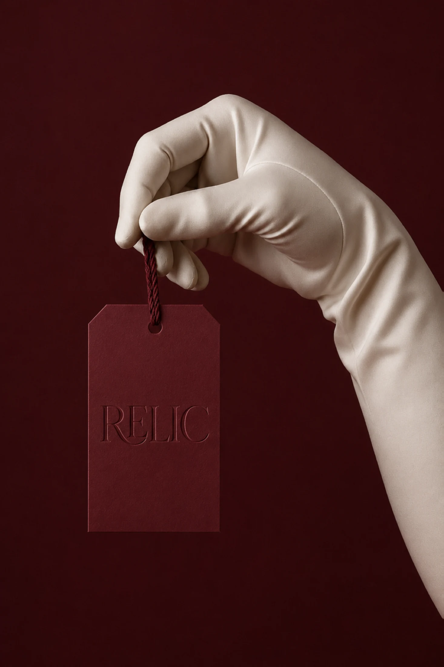 Relic burgundy embossed product tag held by a gloved hand