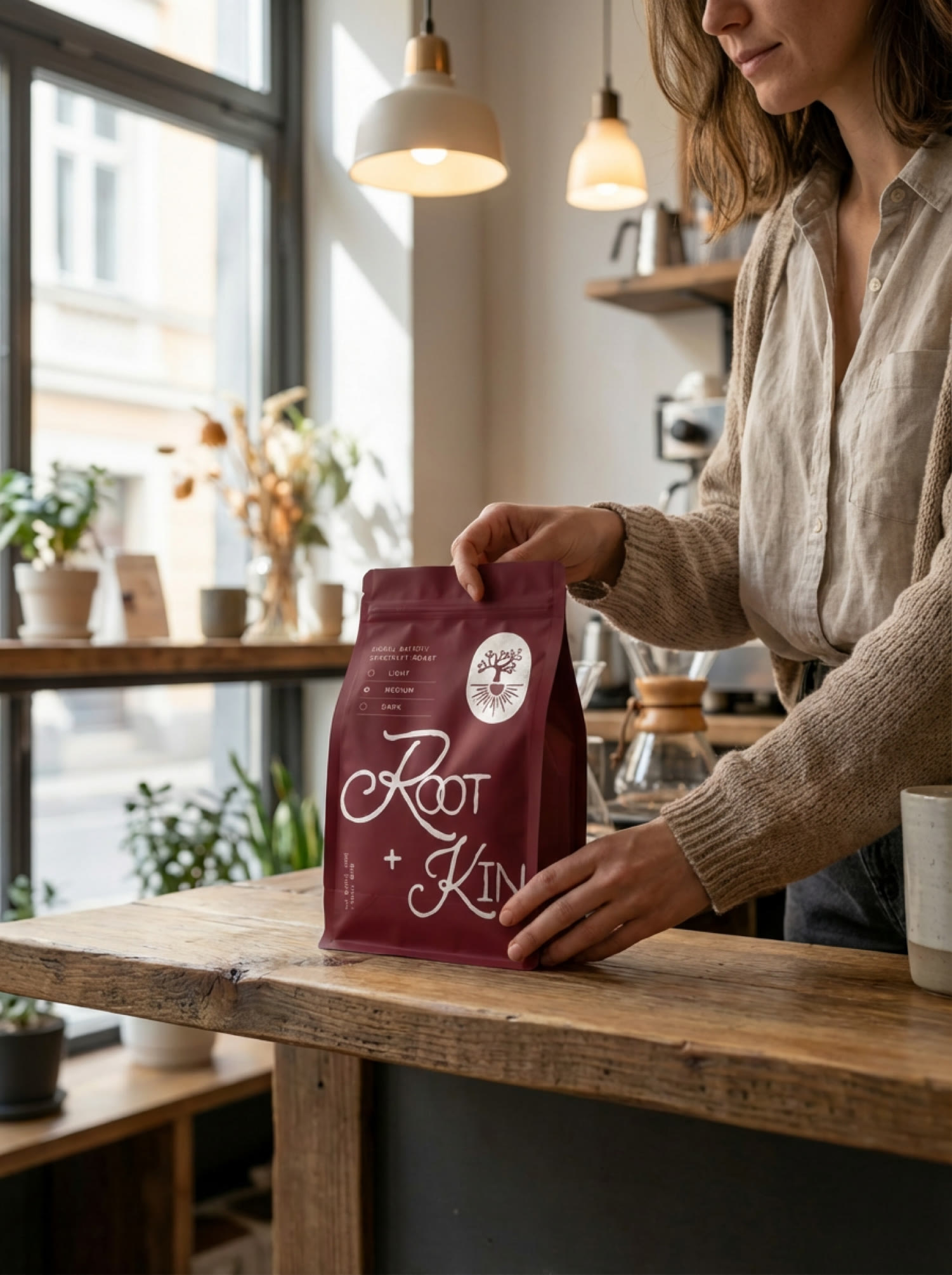 Root and Kin coffee pouch on a cafe counter
