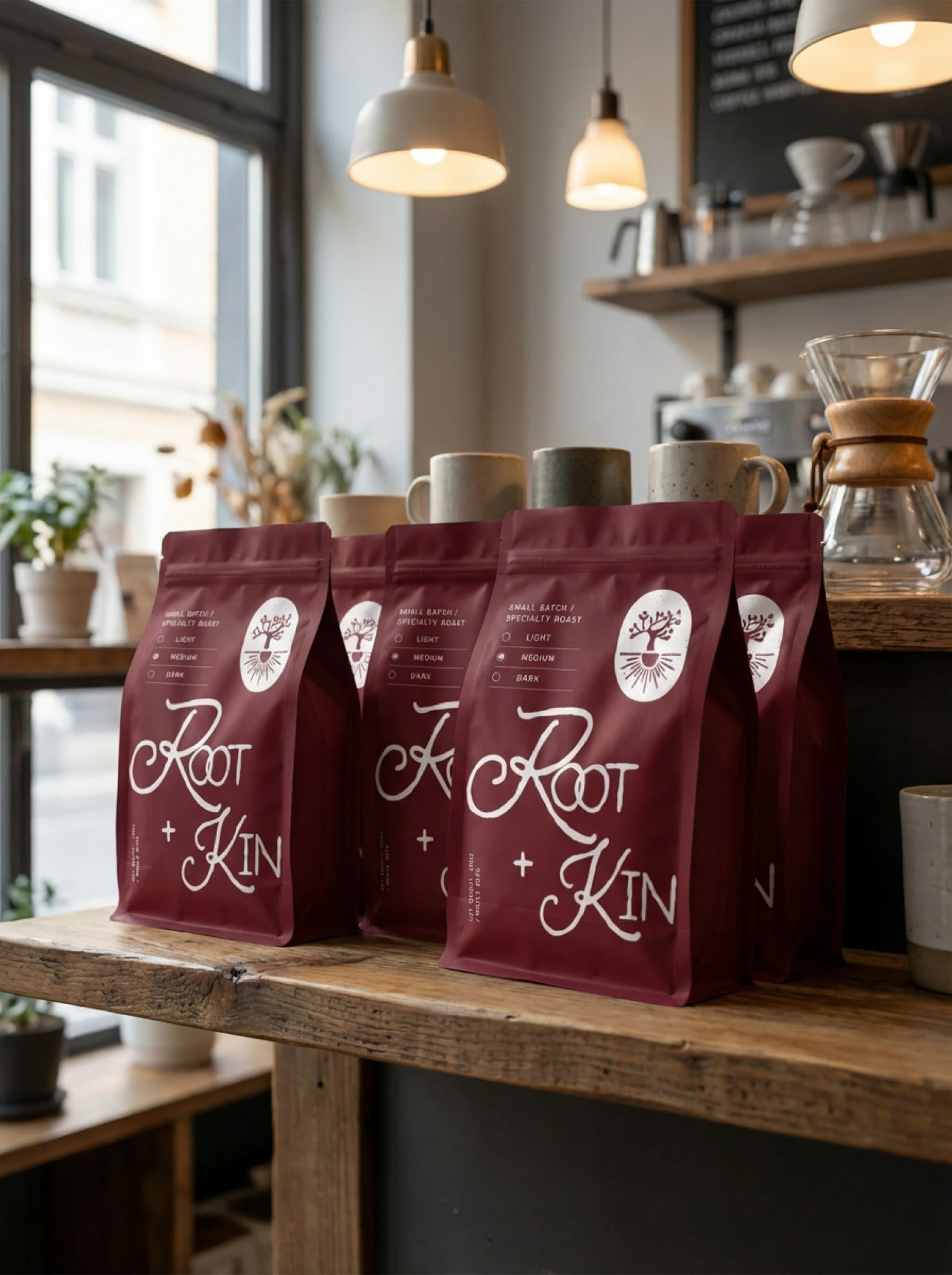 Root and Kin coffee packaging displayed in a cafe