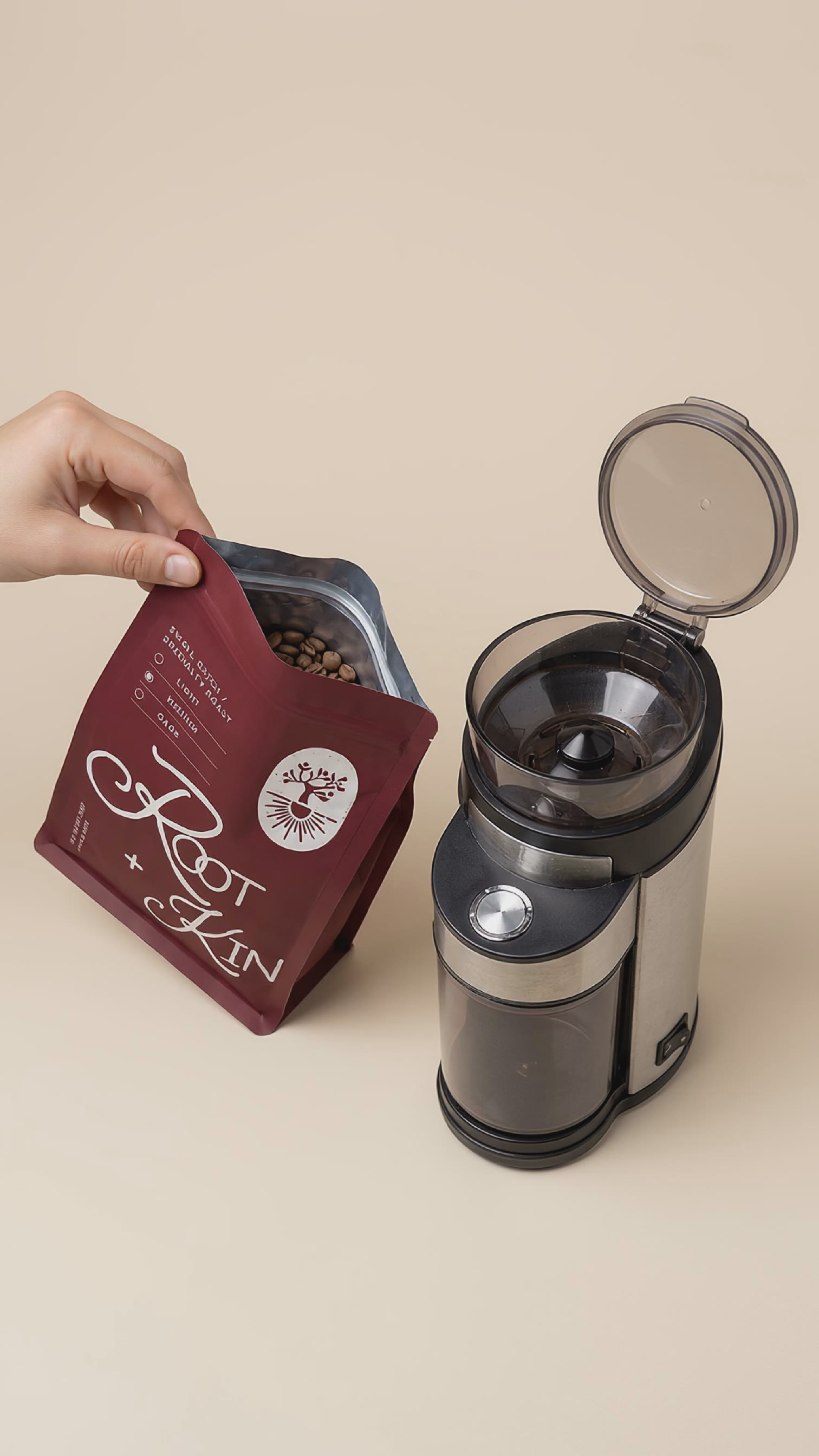 Root and Kin coffee packaging beside a grinder