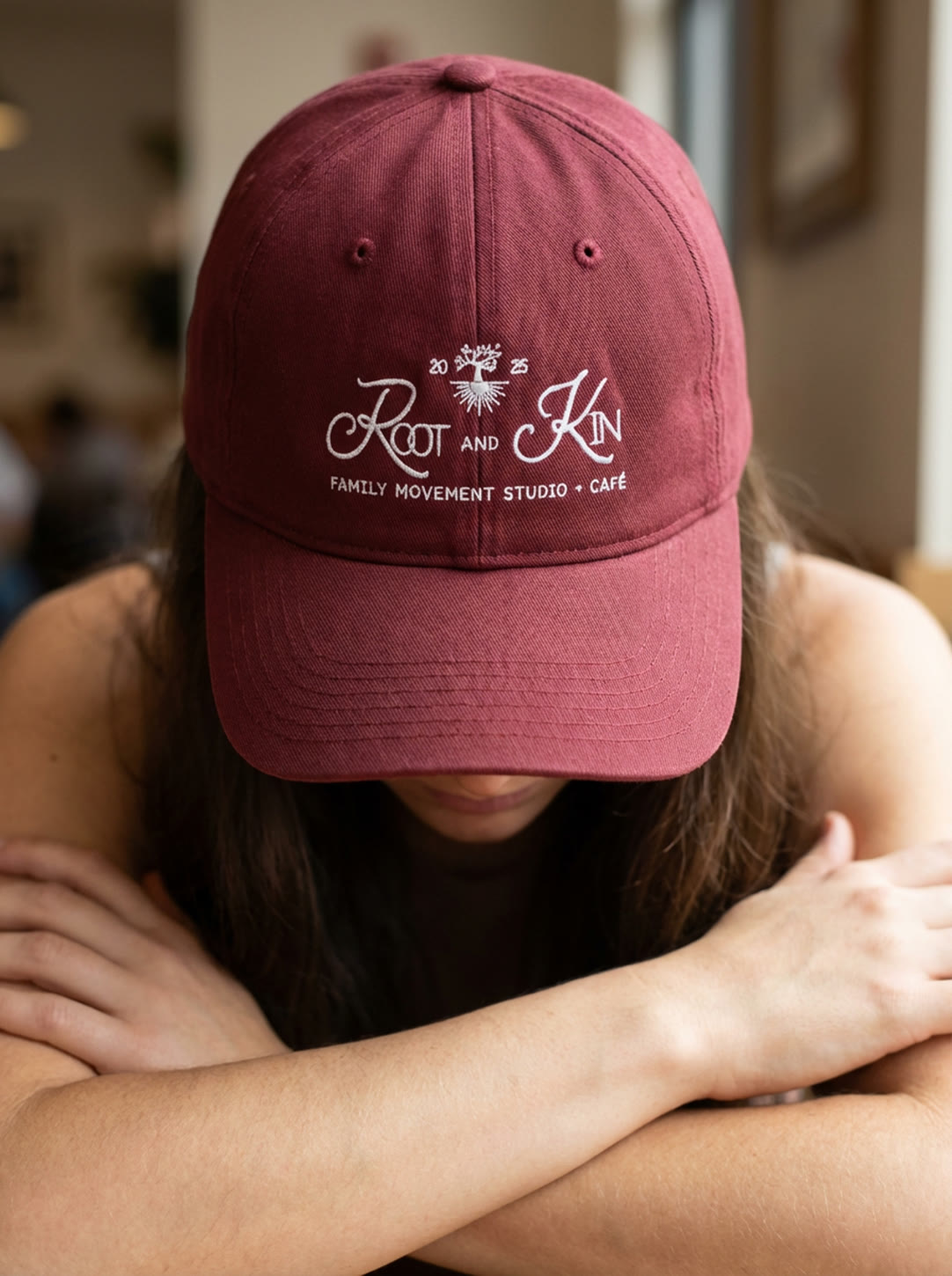 Root and Kin embroidered burgundy cap
