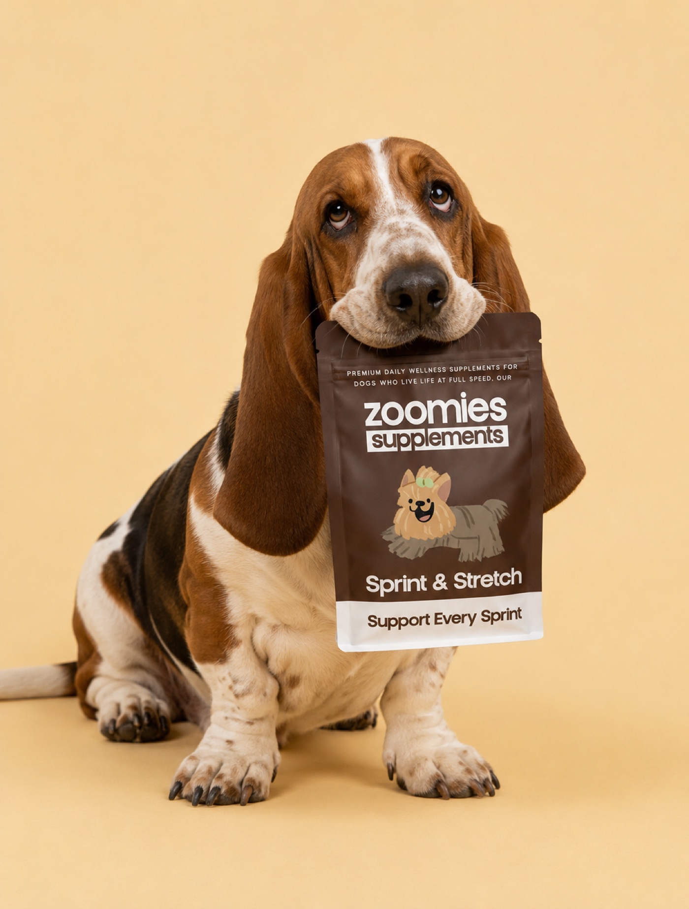 Basset hound holding Zoomies supplements