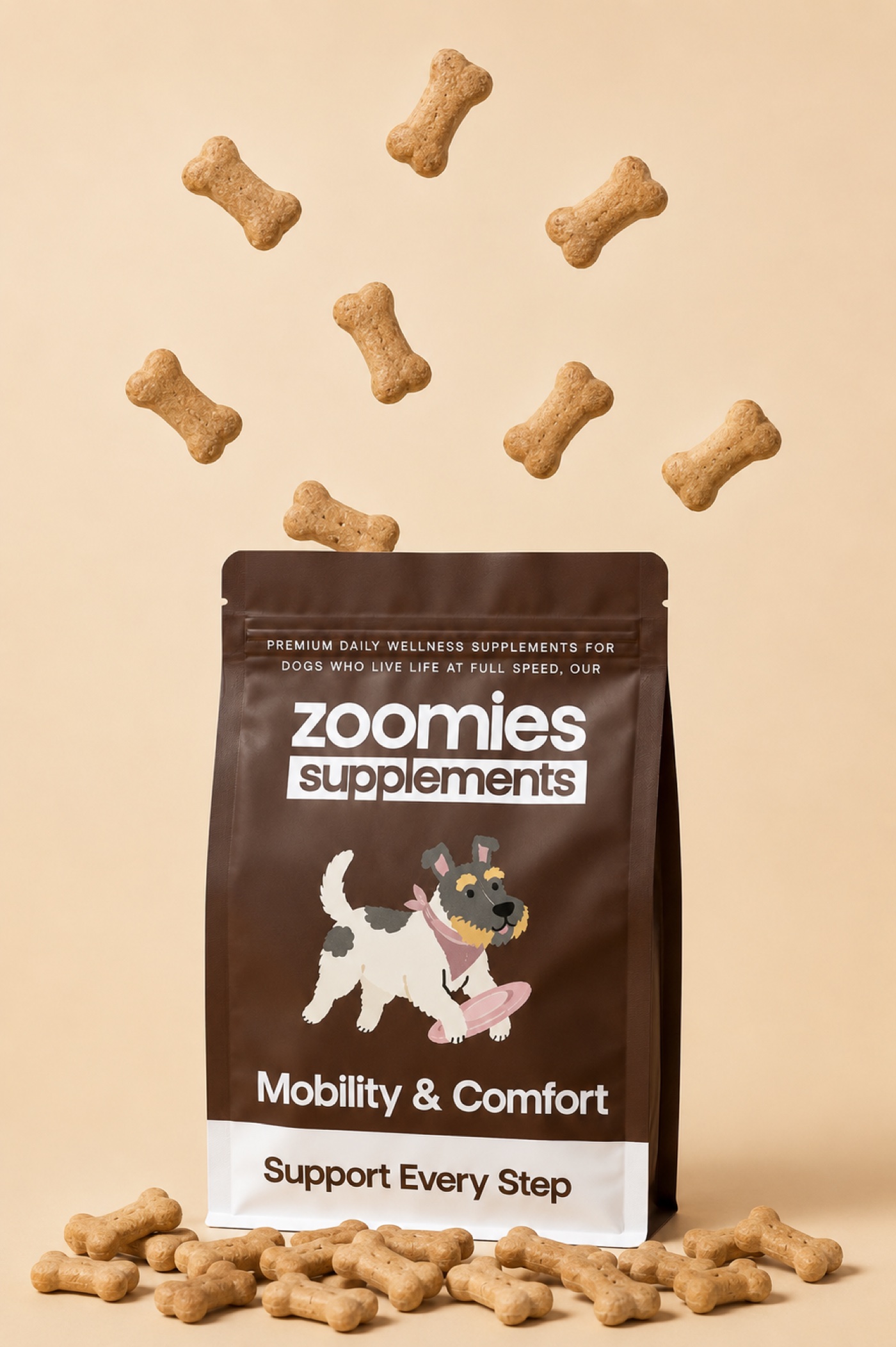 Zoomies supplement pouch surrounded by dog treats