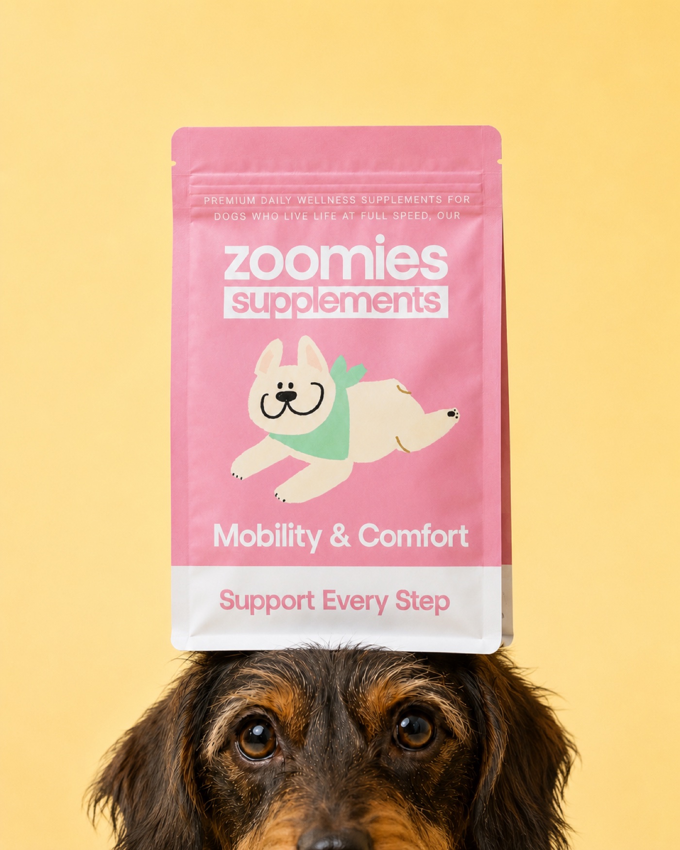 Pink Zoomies supplement pouch balanced on a dog's head